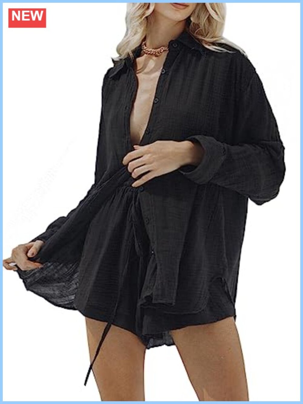Women's 2 Piece Long Sleeve Button Down Shirt and Shorts Set